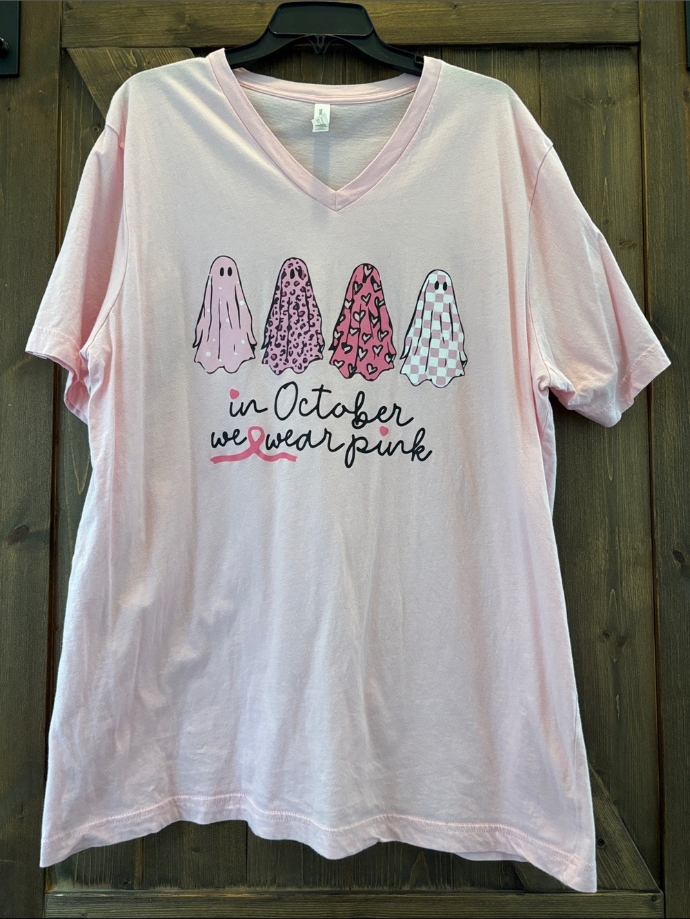 Bella Canvas Pink 'In October We Wear Pink' Ghost Graphic V-Neck Tee